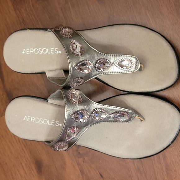 AEROSOLES Shoes - Aerosols. Wedge thong sandals.  Gold faux leather with rhinestones.  Size 6 M
